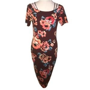ADC FLORAL MULTICOLOR DESIGN FIGURE FLATTERING STRETCH MIDI DRESS MEDIUM
